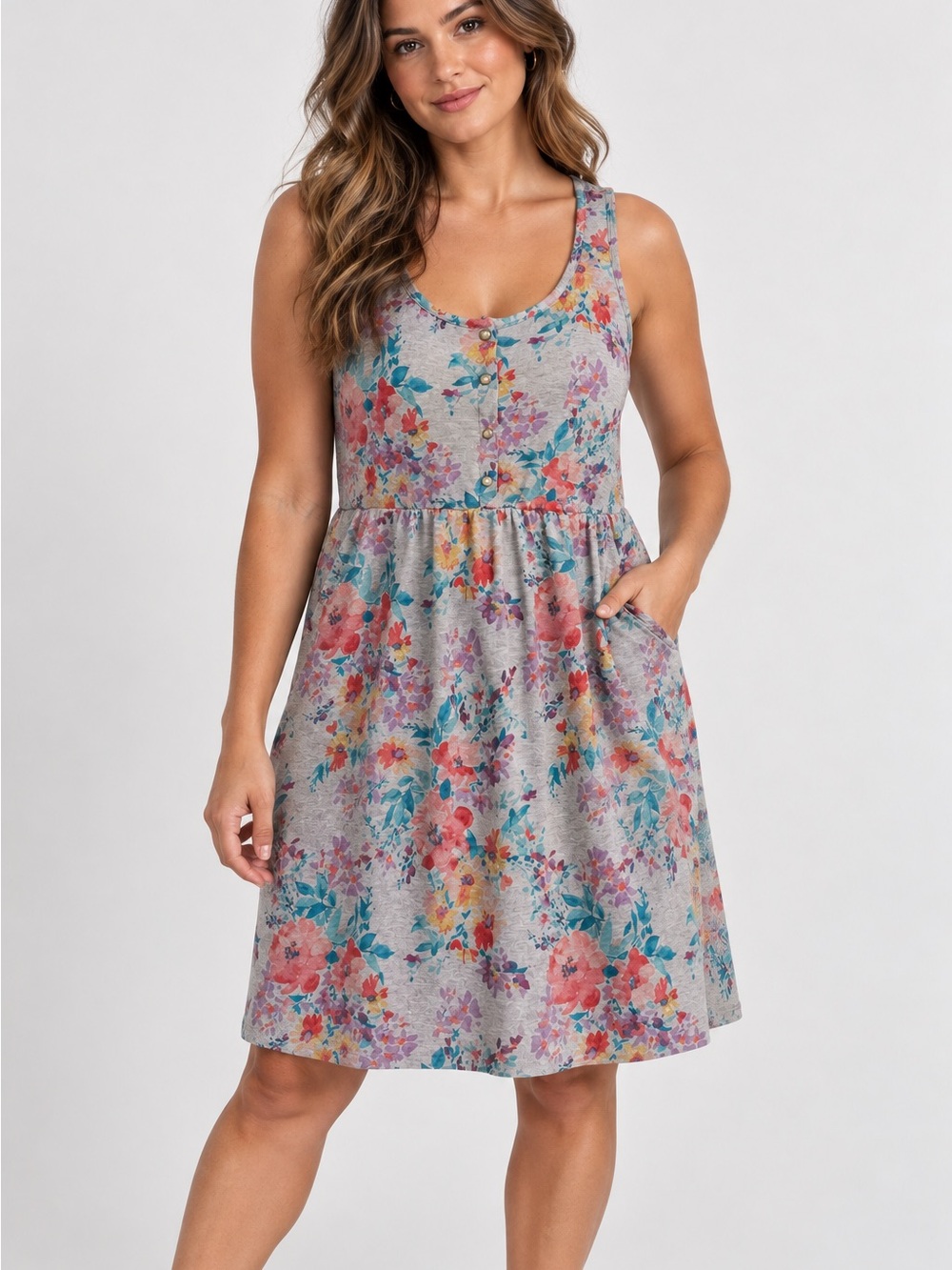 Torrid Floral Scoop Neck Sleeveless Dress in Gray and Multicolor Plus Size 1 XXL